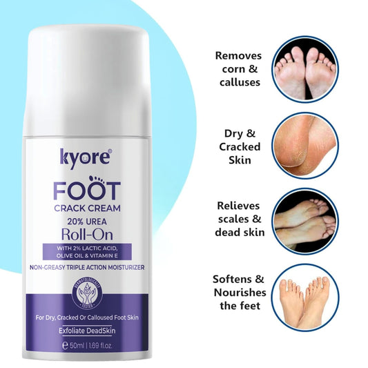 20% Urea Foot Cream Roll On 50ml | For Dry & Cracked Heels | With 2% Lactic Acid, Olive Oil & Vitamin E | Helps Repair and Moisturise Cracked Heels