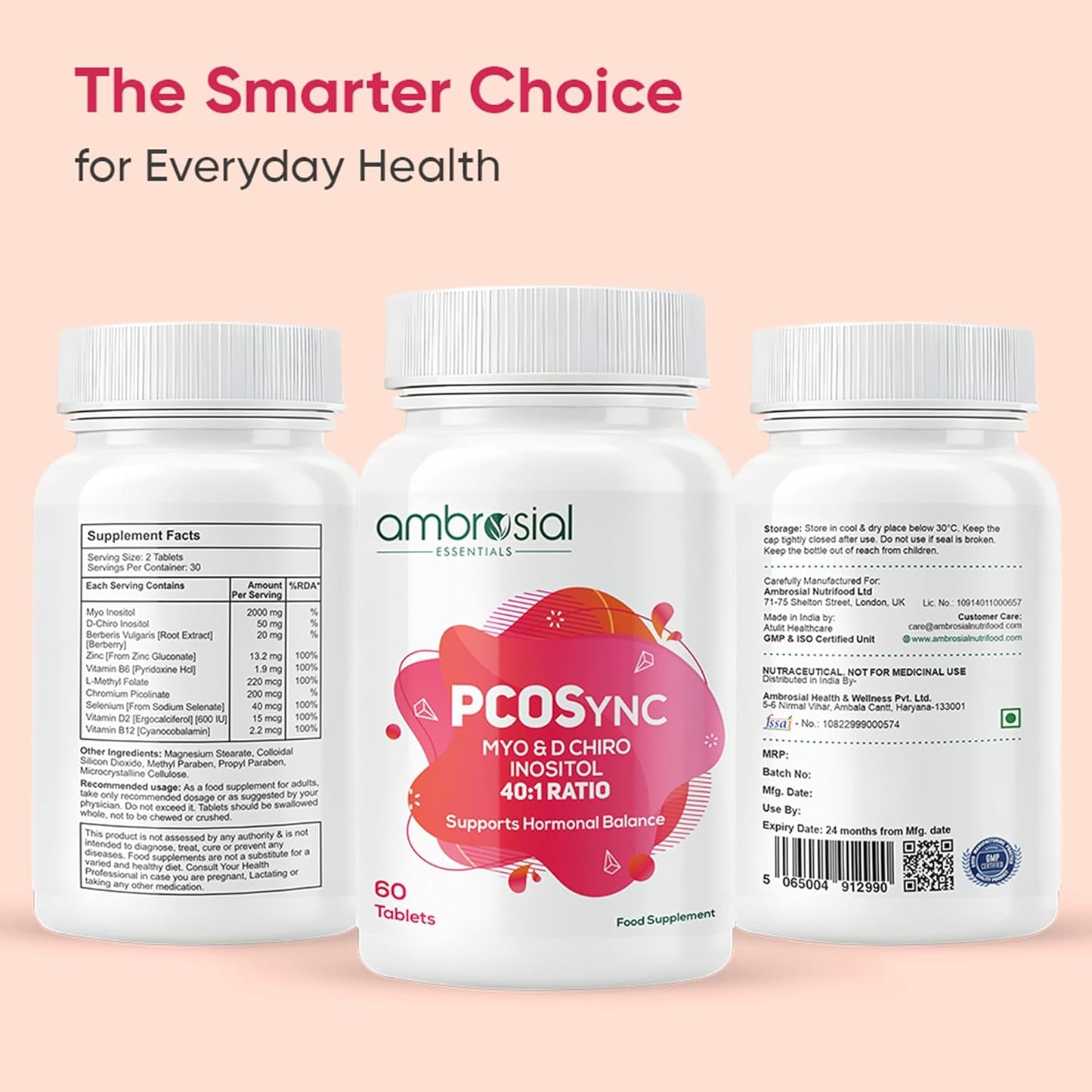 Ambrosial PCOS Supplement for Women | 40:1 Myo Inositol 2000mg & D Chiro Inositol 50mg | With Berberis, Folate, Chromium, Zinc, B6, B12, Vitamin D2 | Hormonal & Metabolic Support | 60 Tablets