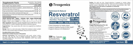 Trexgenics Natural RESVERATROL 250 mg + Grape Seed OPC, Pomegranate Ellagic acid, Red Wine Cardiovascular Health, Antioxidant & Glucose Metabolism VEGAN & NON-GMO (30 Veg. Capsules) (Pack of 1)