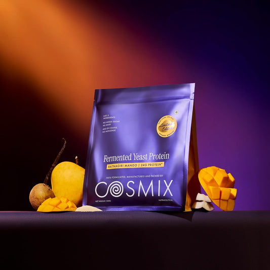 Cosmix Fermented Yeast Protein Powder | 24g Protein | Made with Real Mango | High Absorption with PDCAAS of 1 | No Dairy | Made In-House | Smooth, Tasty & Gut-Friendly | Ratnagiri Mango, 1Kg Pouch