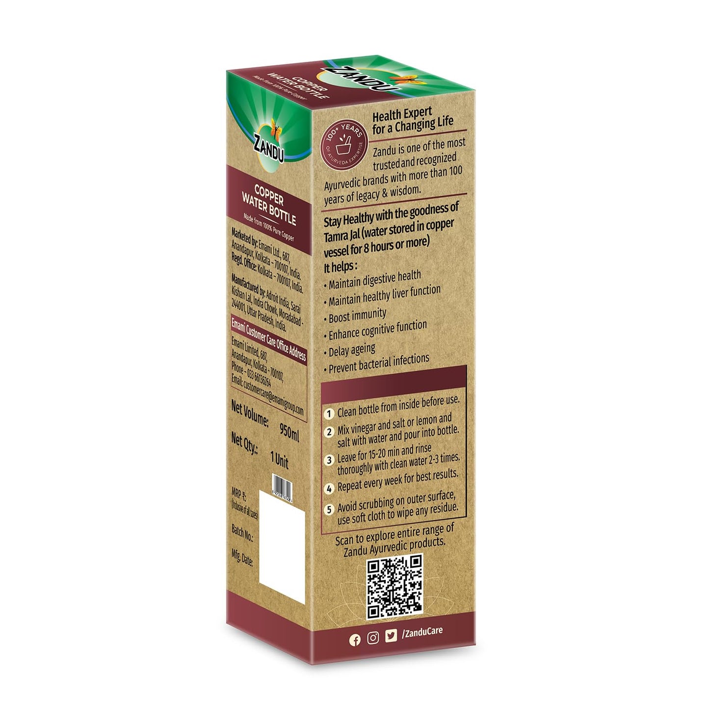 Zandu Copper Bottle : Prepared with 100% Pure Copper |Supports Digestive & Liver Health | Helps Enhance Immunity| Useful in Promoting Overall Health (Pack of 950 ml)