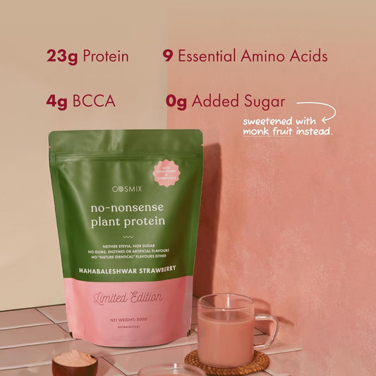 Cosmix No-Nonsense Plant Protein | 23 Protein/Serve, 500g Pouch | Mahabaleshwar Strawberry | Plant Based Protein, Pea & Rice Isolate | Clean, Easy to Digest | All Essential Amino Acids