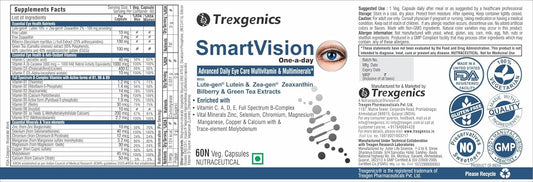 Trexgenics Smartvision Advanced Eye Care Multivitamin with Lutein, Zeaxanthin, Bilberry, Green Tea, Vitamin A, d, e, c, B-Complex and Minerals One-a-Day Formula for Digital Age -60 Veg. Capsules