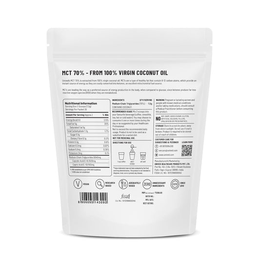 Unived MCT 70% | Medium Chain Triglyceride Oil Powder | Clean Energy Fuel | Pure MCT 5g with C-8: 3528mg & C-10: 1512mg in a 70:30 ratio | Vegan & Keto Friendly | 30 Servings
