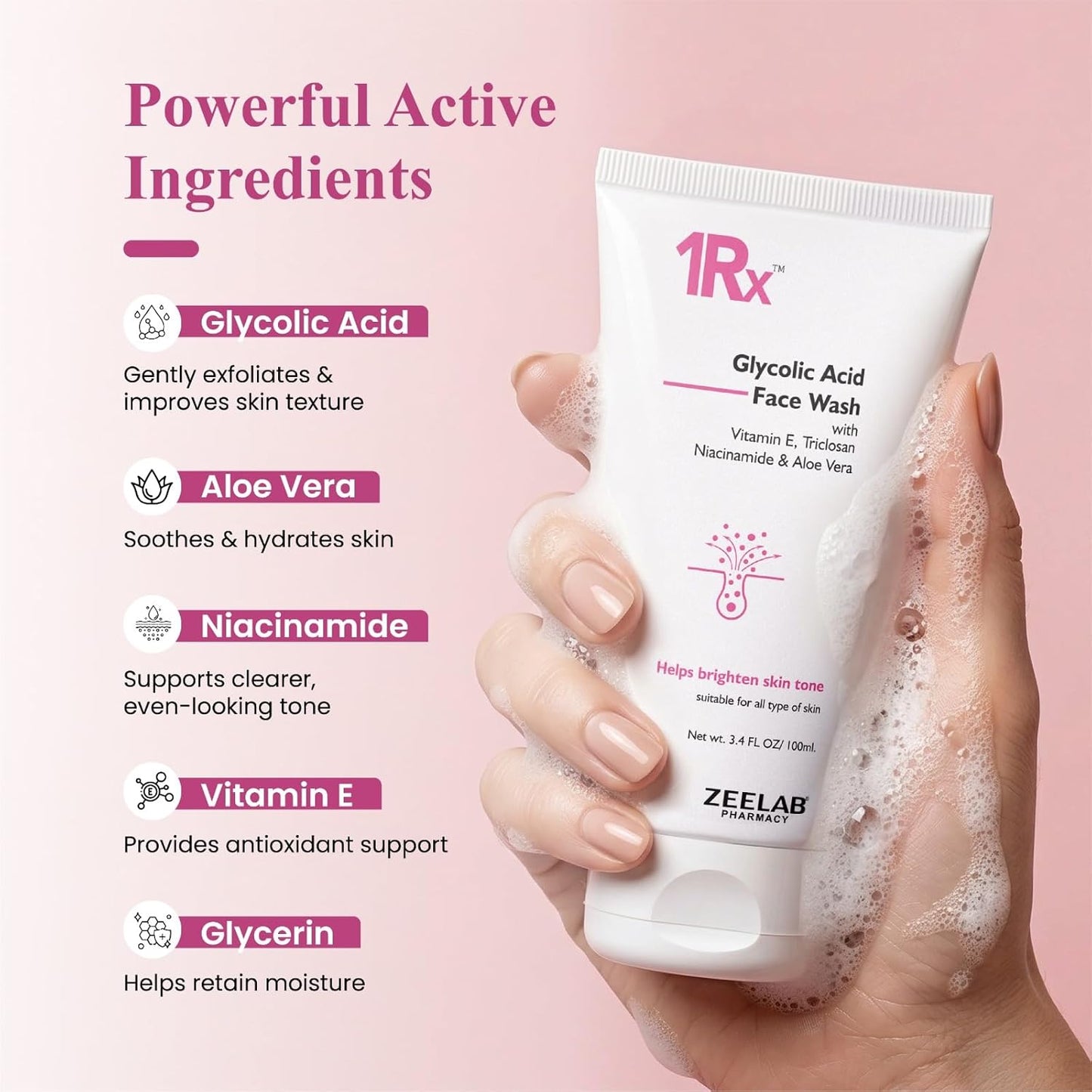 Zeelab 1RX Glycolic Acid Face Wash 100gm | Exfoliating & Brightening Cleanser | With Aloe Vera, Niacinamide & Vitamin E | Removes Dead Skin, Controls Oil & Helps Improve Skin Texture | For Men & Women