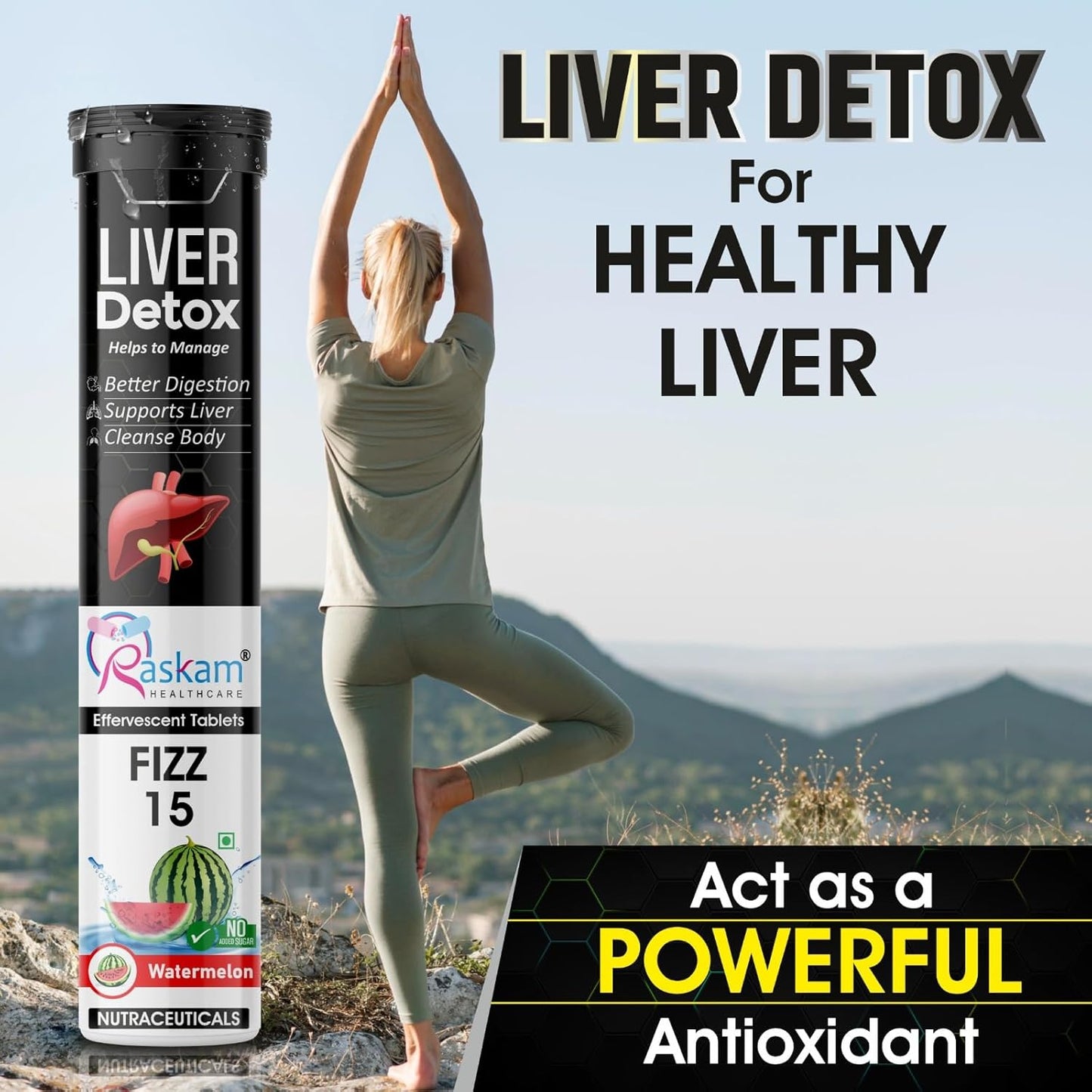 Liver Detox Effervescent – Plant-Based Detox with 9 Ayurvedic Herbs | Sugar-Free | Refreshing Watermelon Flavor | Drop, Fizz, Sip | Fizz 15 Tablets Pack of 1