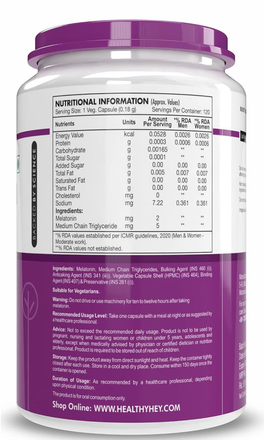 HealthyHey Nutrition Melatonin 2mg - 120 vegetable capsules - Promotes Sleep and Relaxation