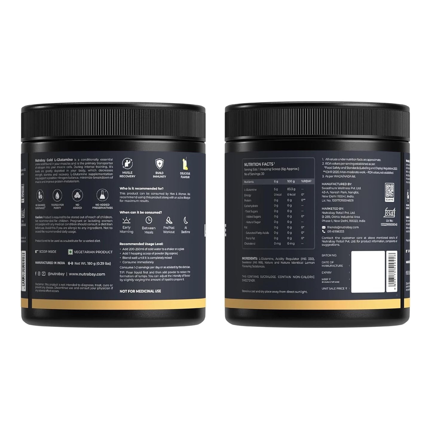 Nutrabay Gold L-Glutamine Supplement Powder 180g, Lemon Flavor – Post Workout Amino Acid for Muscle Growth & Recovery | 100% Authentic Supplement | No Banned Substances | Tested for Purity
