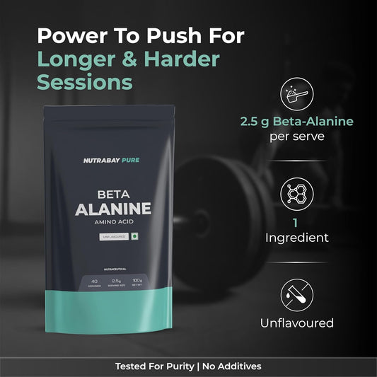 Nutrabay Pure 100% Beta Alanine Powder 2500mg, Pre Workout Amino Acid Supplement for Improved Endurance & Fatigue Reduction | Free from Steroids, Preservatives & Banned Substances - 100g, Unflavoured