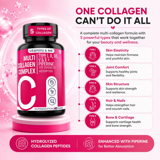 Multi Collagen Tablets for Women & Men – 5 Types of Collagen (I, II, III, V & X) | Skin Glow, Hair, Nails, Bones & Joint Support | Hydrolyzed Peptides + Black Pepper for Absorption – 60 Tabs