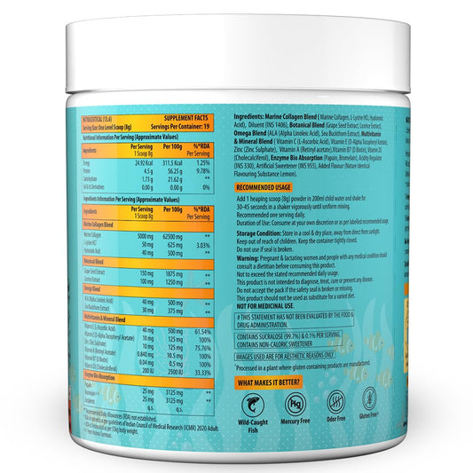 NATURYZ Marine Collagen Skin X5 for Women & Men | Premium Collagen Peptides | Power of 5 Blends | Hyaluronic acid, Biotin & Vitamin E | Supports Skin Radiance, Healthy Hair, Nails, Bone & Joints – 150g(Lemon Flavour)