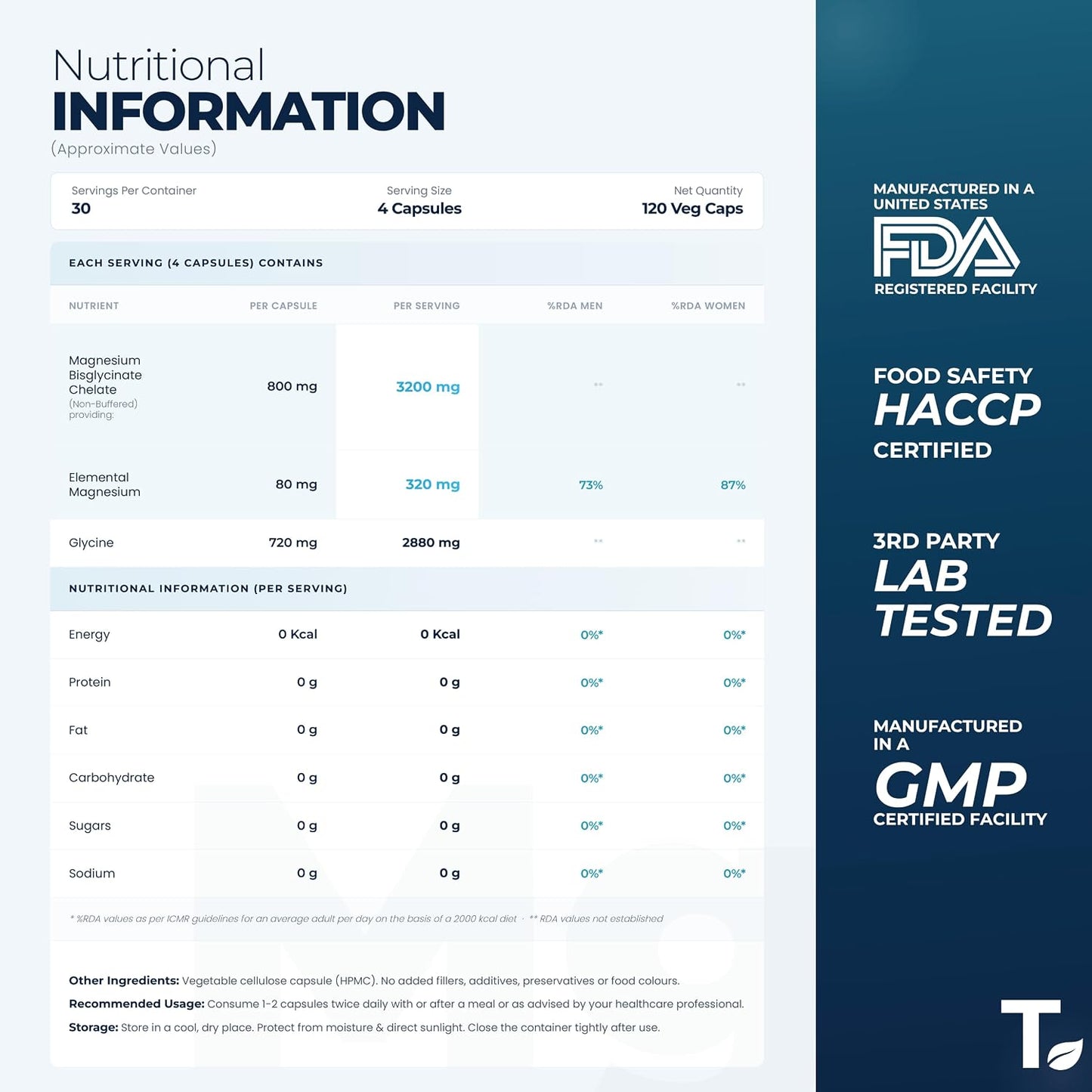 Tealed Magnesium Bisglycinate 3200mg | Non-Buffered | Chelated | Lab-Tested | Eurofins | 320mg Elemental Magnesium | No Fillers & Preservatives | Supports Muscle Relaxation & Sleep Quality | 120 Veg Caps