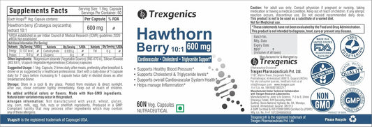 Trexgenics HAWTHORN BERRY 600 mg Cardiovascular, Cholesterol, triglycerides, Blood Pressure Support VEGAN & NON-GMO (60 Veg. Capsules) (Pack of 1)