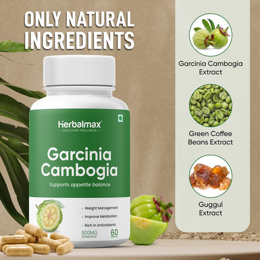 Herbal Max Garcinia Cambogia Capsules – 60 Veg Capsules | 60% HCA & Green Tea Extract | Supports Weight Management, Fat Burning, Digestion & Metabolism