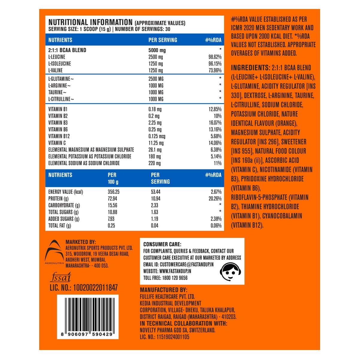FAST&UP BCAA Orange Flavour Advanced BCAA Supplement with Glutamine, Citrulline, L-Arginine & Taurine - Pre/Post Workout & Intra Workout Supplement Powder for Adults(450gm, 30 Servings)