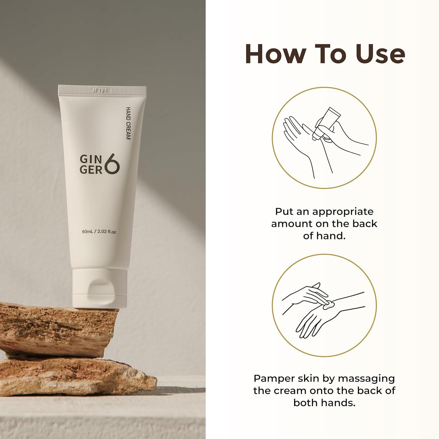 GINGER6 Hand Cream 60ml | 67.6% Ginger Extract Water | Shea Butter & 8 Natural Oils | 8 Hyaluronic Acids Moisturizing | Peptide & Mineral Complex | EWG Green Grade | Green Forest Scent Hydrating Care