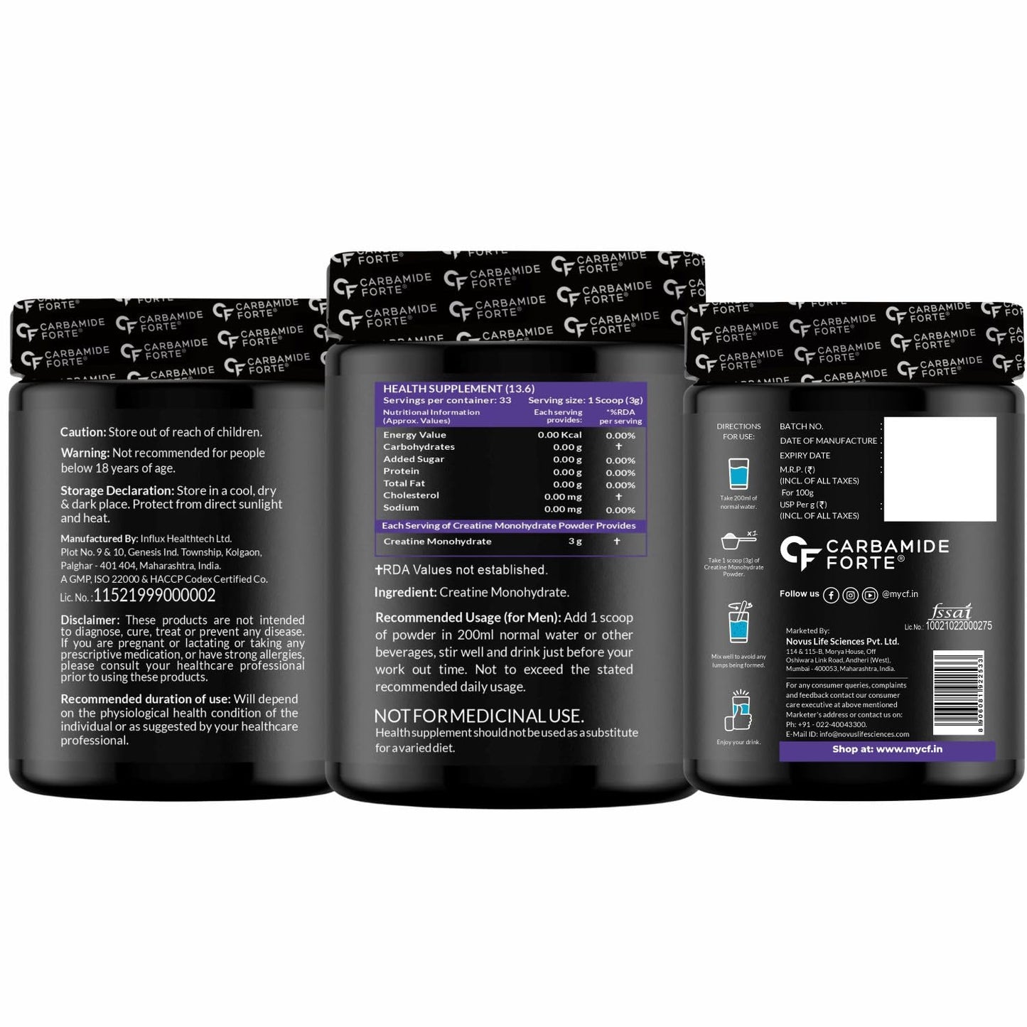 Carbamide Forte Creatine Mono Hydrate Powder | Micronized Monohydrate 100gm | Creatine Supplement for Lean Muscle Volumization, Strength & Energy - Unflavoured Powder - 33 Servings - 100g