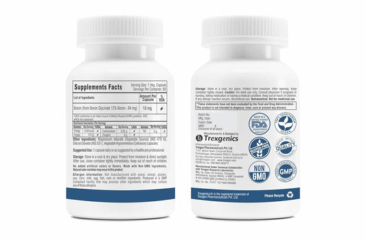 Trexgenics Boron 10 mg XTRA STRENGTH from Boron Glycinate Multi-action Mineral, Bone, Cognitive Function, Reproductive & Joint Health ((60 Veg Capsules)