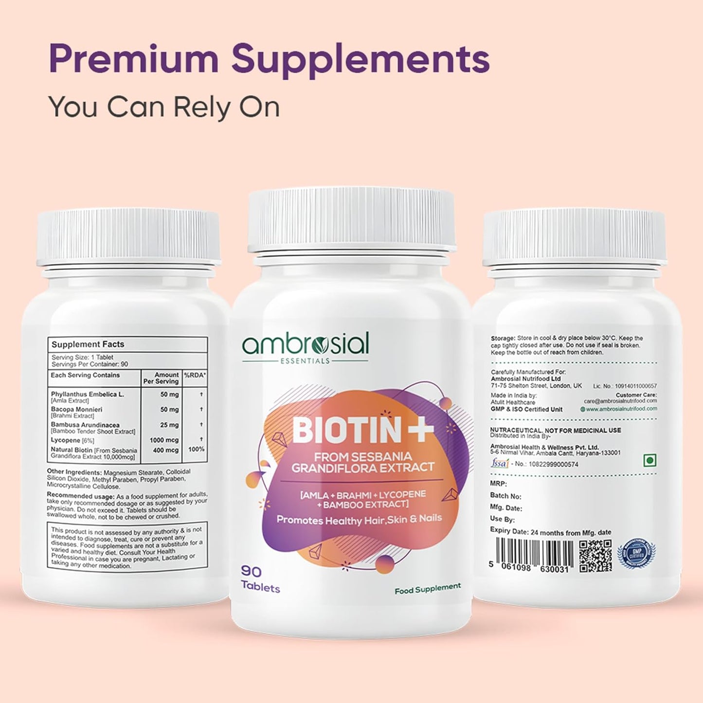Ambrosial Biotin Tablets with Amla, Brahmi & Bamboo Extract | Plant-Based Biotin Supplement for Hair, Skin & Nails | Vegetarian Formula – 90 Tablets