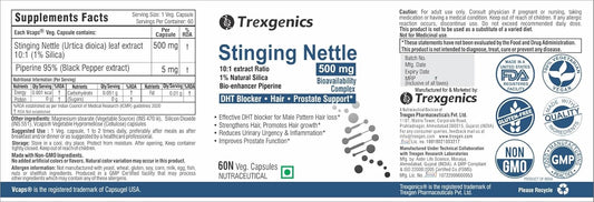 Trexgenics STINGING NETTLE (1% Natural Silica) 500mg with with Bio-enhancer Piperine 5mg DHT Blocker, Hair growth, Prostate Support (60 Veg capsules)
