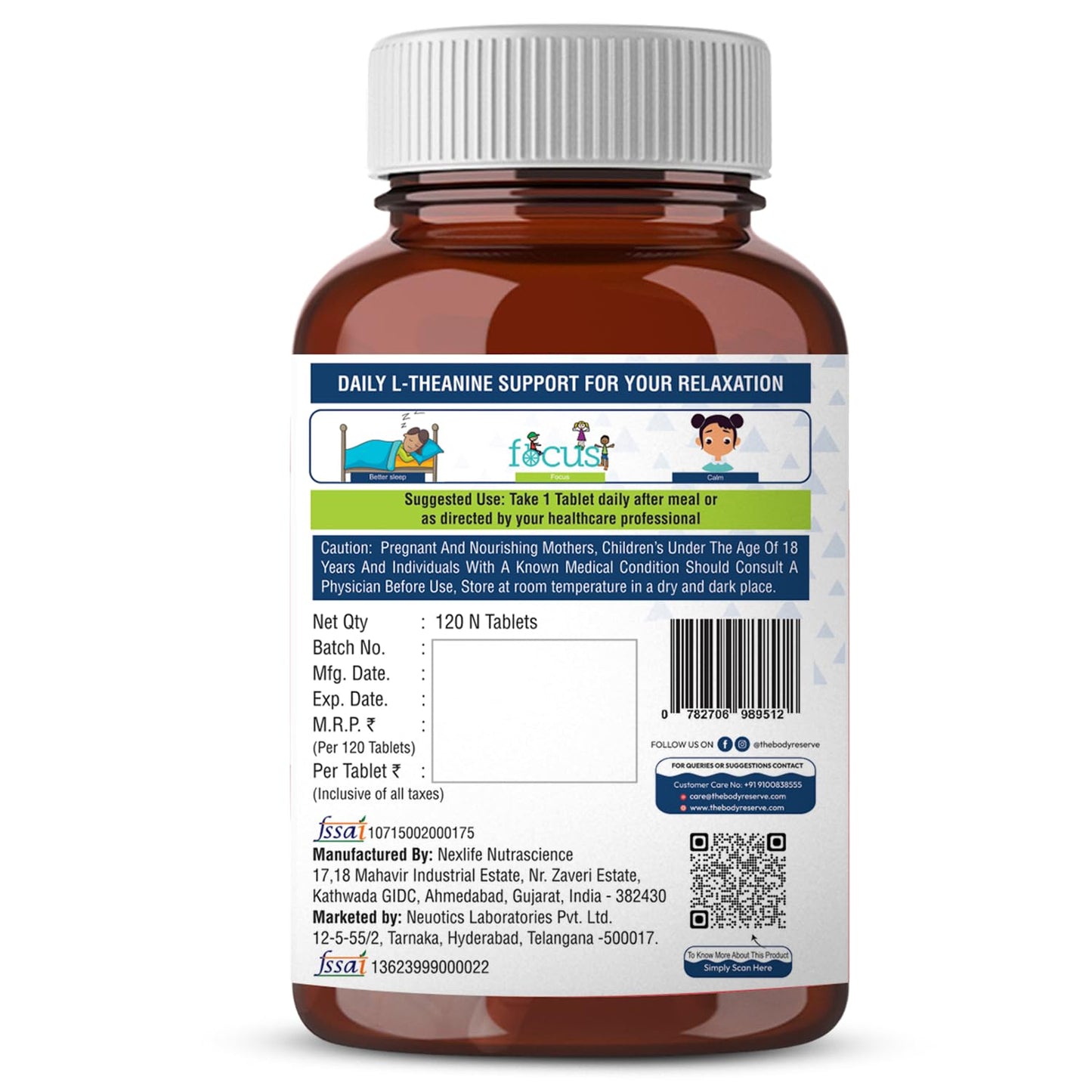 The Body Reserve L-Theanine 200mg 120 Veg Tablets L Theanine Supplements Supports Stress Relief, Reduce Anxiety, Brain Health & Promotes Relaxation