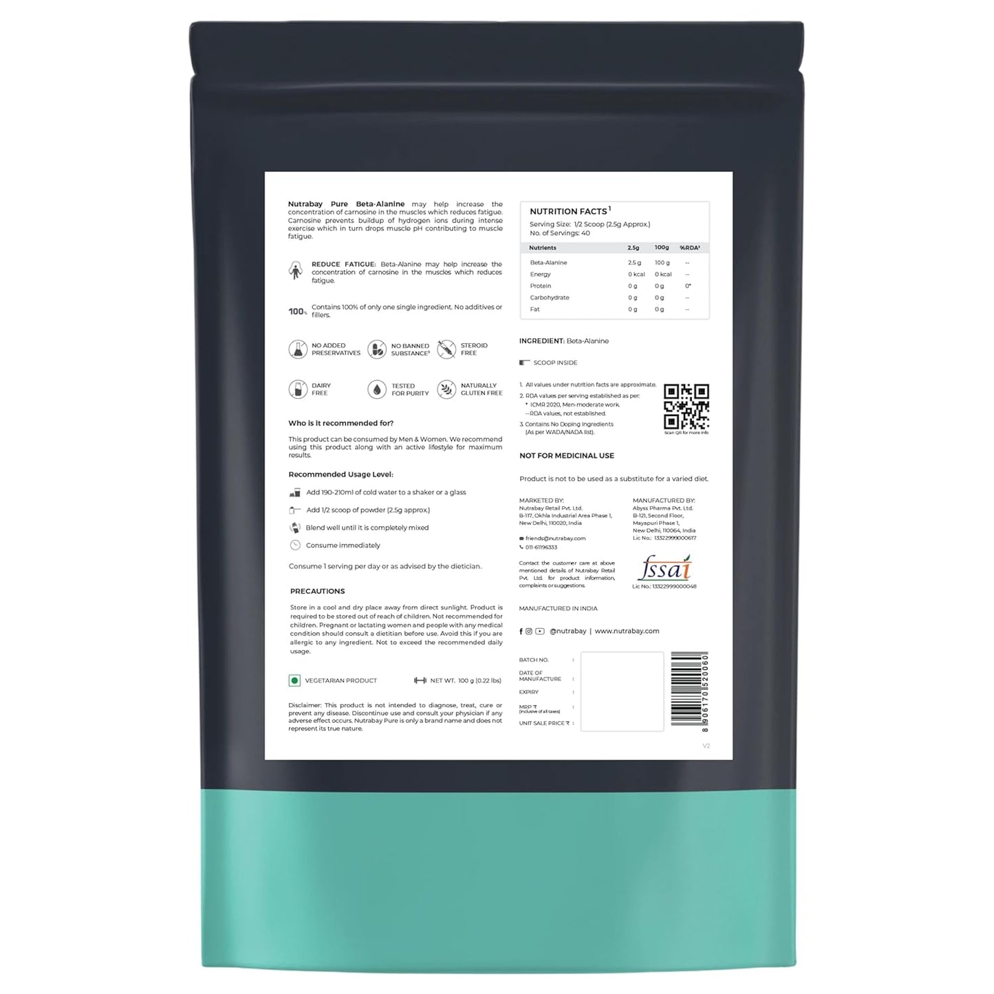 Nutrabay Pure 100% Beta Alanine Powder 2500mg, Pre Workout Amino Acid Supplement for Improved Endurance & Fatigue Reduction | Free from Steroids, Preservatives & Banned Substances - 100g, Unflavoured