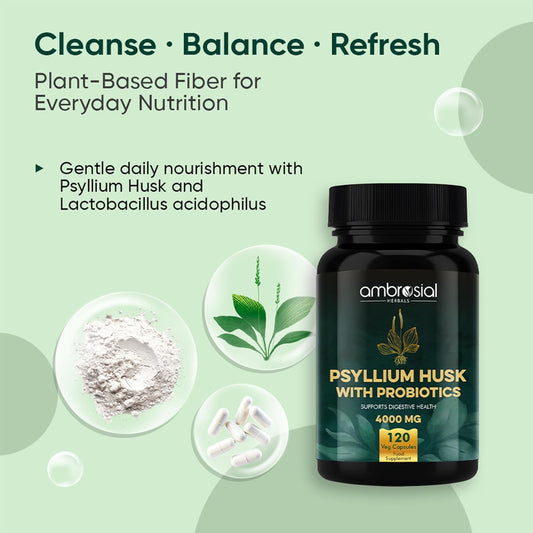 Ambrosial Psyllium Husk Capsules - 4000 MG with Probiotics: Detoxify and Revitalize Your Digestive System with Natural Fiber Support - 120 Vegan Capsules