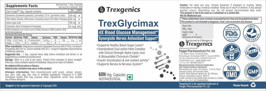 Trexgenics® TREXGLYCIMAX 4X Sugar level + Nerve Antioxidant Support with Gymnema Sylvestre 75% 250mg, Bitter Melon 5% 250mg, Alpha Lipoic acid 150mg & Chromium Picolinate (60 Veg. Capsules)