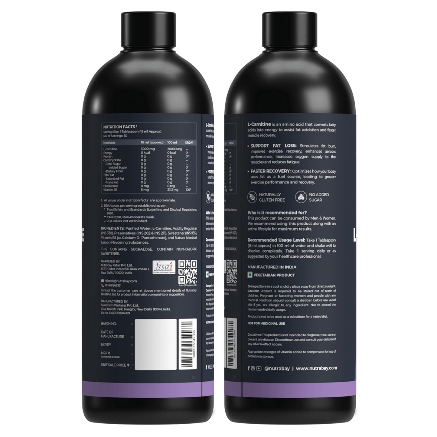 Nutrabay Pro Liquid L-Carnitine (3000mg) with Vitamin B5 –Pre/Post Workout – 450ml, Lemon, 30 Servings | Tested for Purity | 100% Authentic Metabolism Booster for Weight Loss Support | 2X Strength