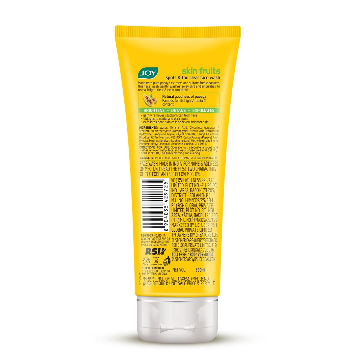 Joy Skin Fruits Spots & Tan Clear Face Wash 200ml | Enriched with Papaya & Vitamin C + A | For Healthy Glowing skin | Suitable for All Skin Types