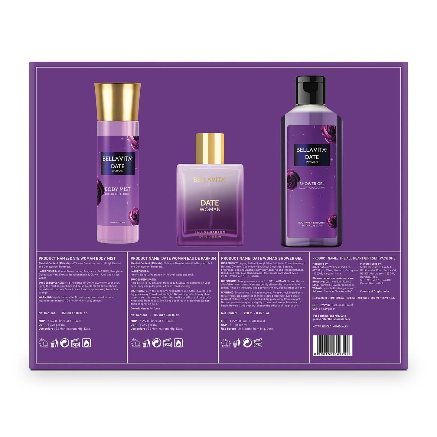 BELLAVITA The All Heart | Long Lasting Gift Set for Woman | Gift for Mom | Gift for Mother's Day | Mothers Day Gift for Mom | with Body Mist 150ml, Shower Gel 250ml and EDP Perfume 100ml | Floral, Fruity Premium Fragrance
