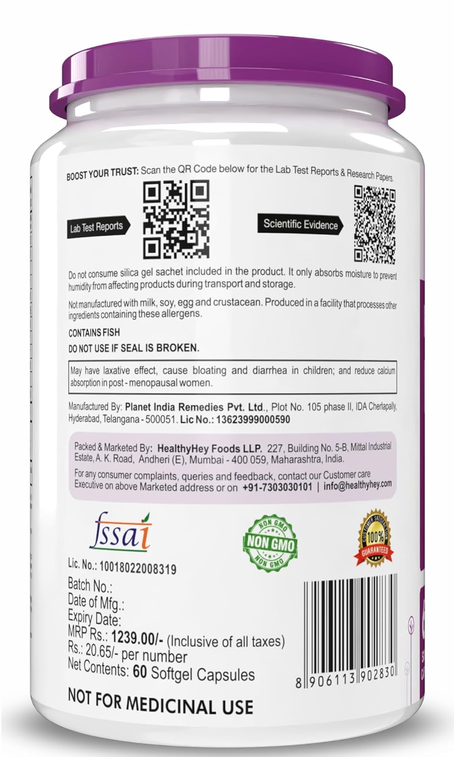 HealthyHey Nutrition Fresh Water Fish Oil - 2000 Mg/serving - 60 Softgel Capsules (600 EPA & 400 DHA)