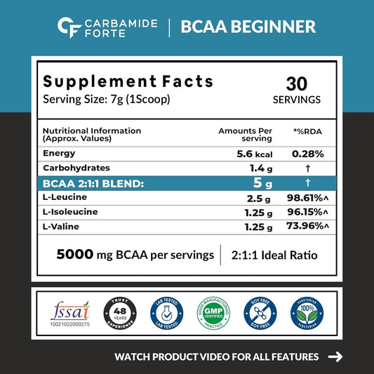 Carbamide Forte BCAA Powder 5000mg | BCAA Supplements For Women & Men | BCAA Pre Workout & Intra Workout Supplement 7g Serving with Ideal 2:1:1 Ratio | Beg-Blueberry Flavor - 210g