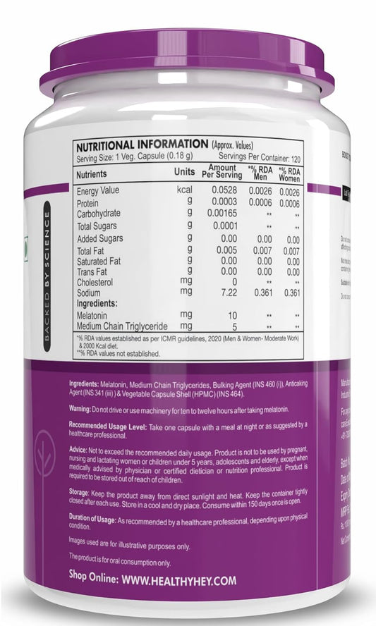 HealthyHey Nutrition Melatonin 10mg, Pack of 120 vegetable capsules - Promotes Sleep and Relaxation (10mg)