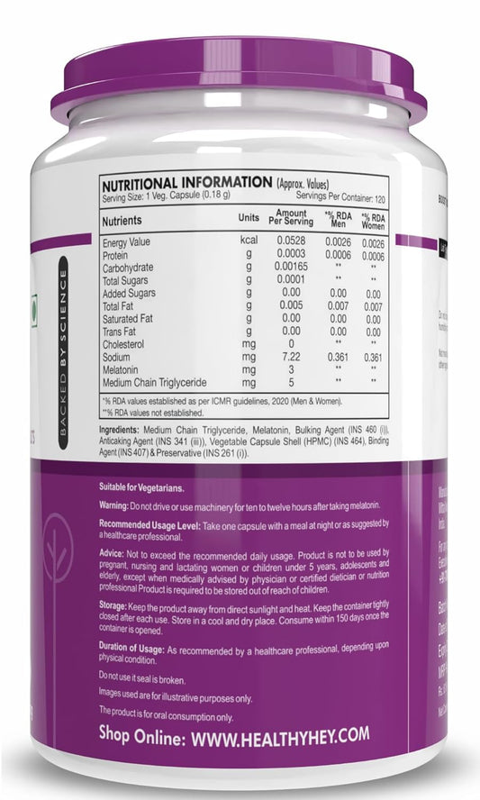 HealthyHey Nutrition Melatonin 3mg, Pack of 120 vegetable capsules - Promotes Sleep and Relaxation