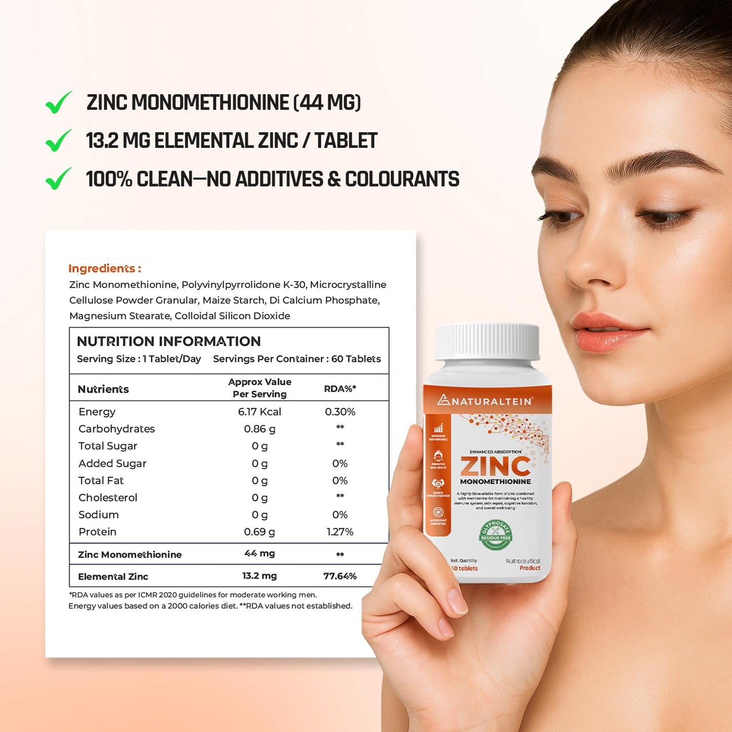 NATURALTEIN – Zinc Monometheonine (60 Tablets) | 44 mg of pure zinc monomethionine, 12 mg of elemental zinc in each tablet | Tested and free from Heavy Metals