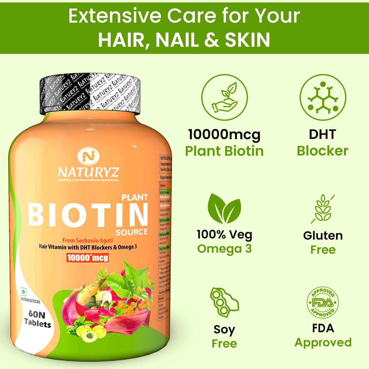 NATURYZ 100% Plant Based Biotin Tablets with High Protein Vitamin DHT Omega 3 for Strong Hairs,Nails Growth & Glowing Skin - 60 Tablets, 100 grams