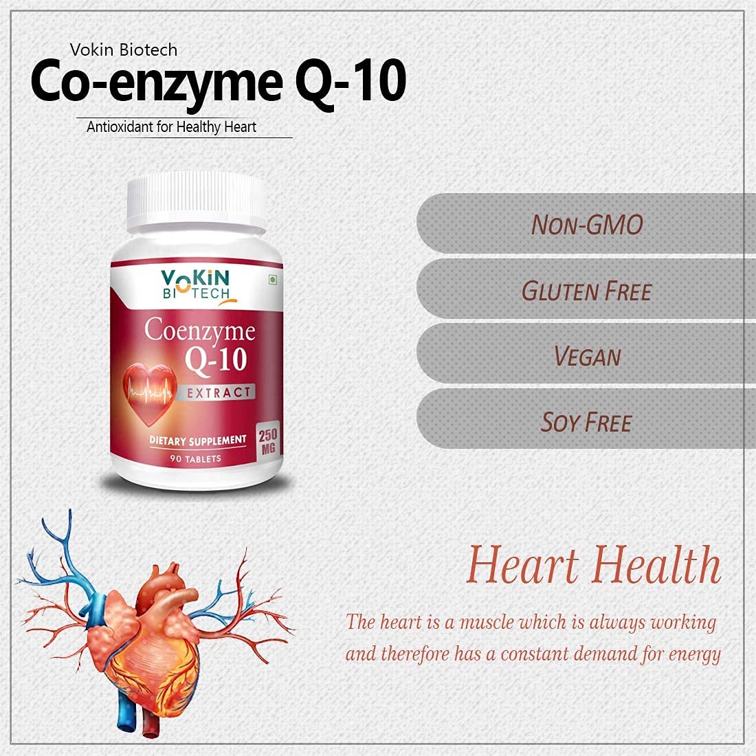 Vokin Biotech 100% Natural Coenzyme Q-10 Extract 250MG For Heart Health and Energy Metabolism (90 Tablets)