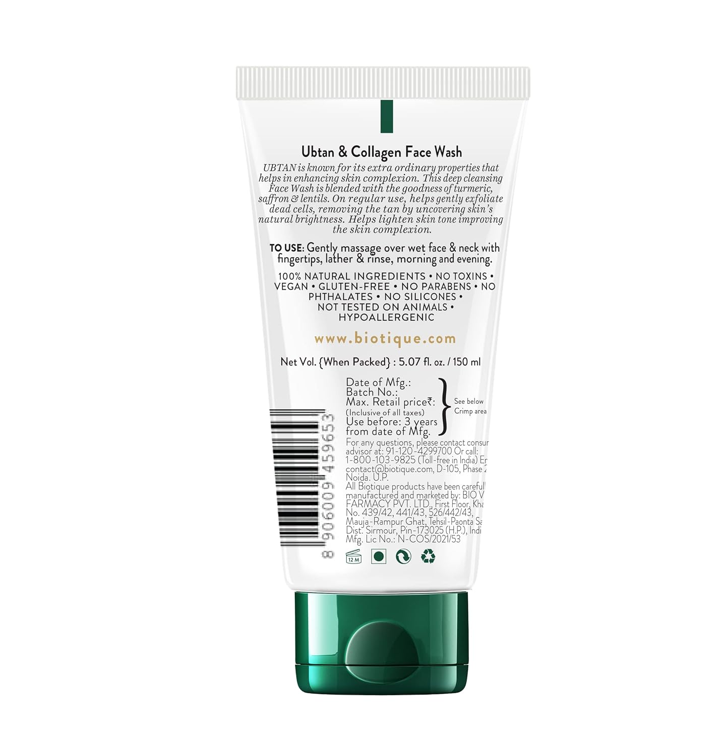 Biotique Ubtan & Collagen Face Wash for Tan Removal & Enhancing Skin Complexion - Gentle Exfoliation, Dead Skin Cell Removal| For Men & Women - 150ml