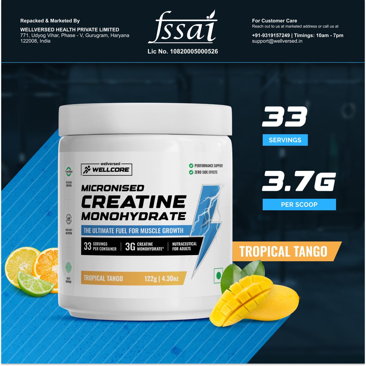 Wellcore - Pure Micronised Creatine Monohydrate,Tropical Tango (122g, 33 Servings), Rapid Absorption, Enhanced Muscle Strength & Power, Fast Recovery,Increased Muscle Mass