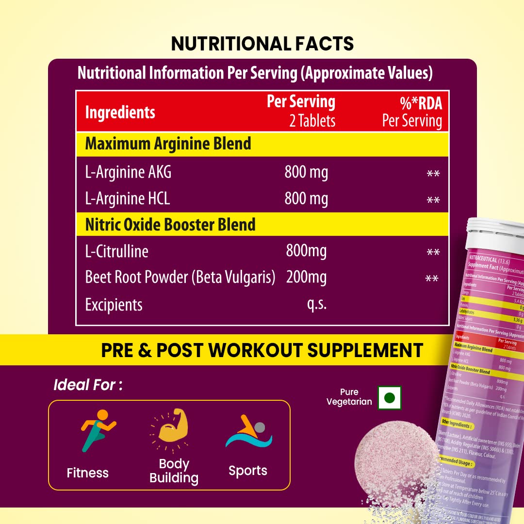 Naturyz L-Arginine Max 2600 Effervescent Tablets | Boosts Stamina | Increases Blood Flow | Improves Performance | Pre-workout Supplement 20 capsules (Orange Flavour), 1 count