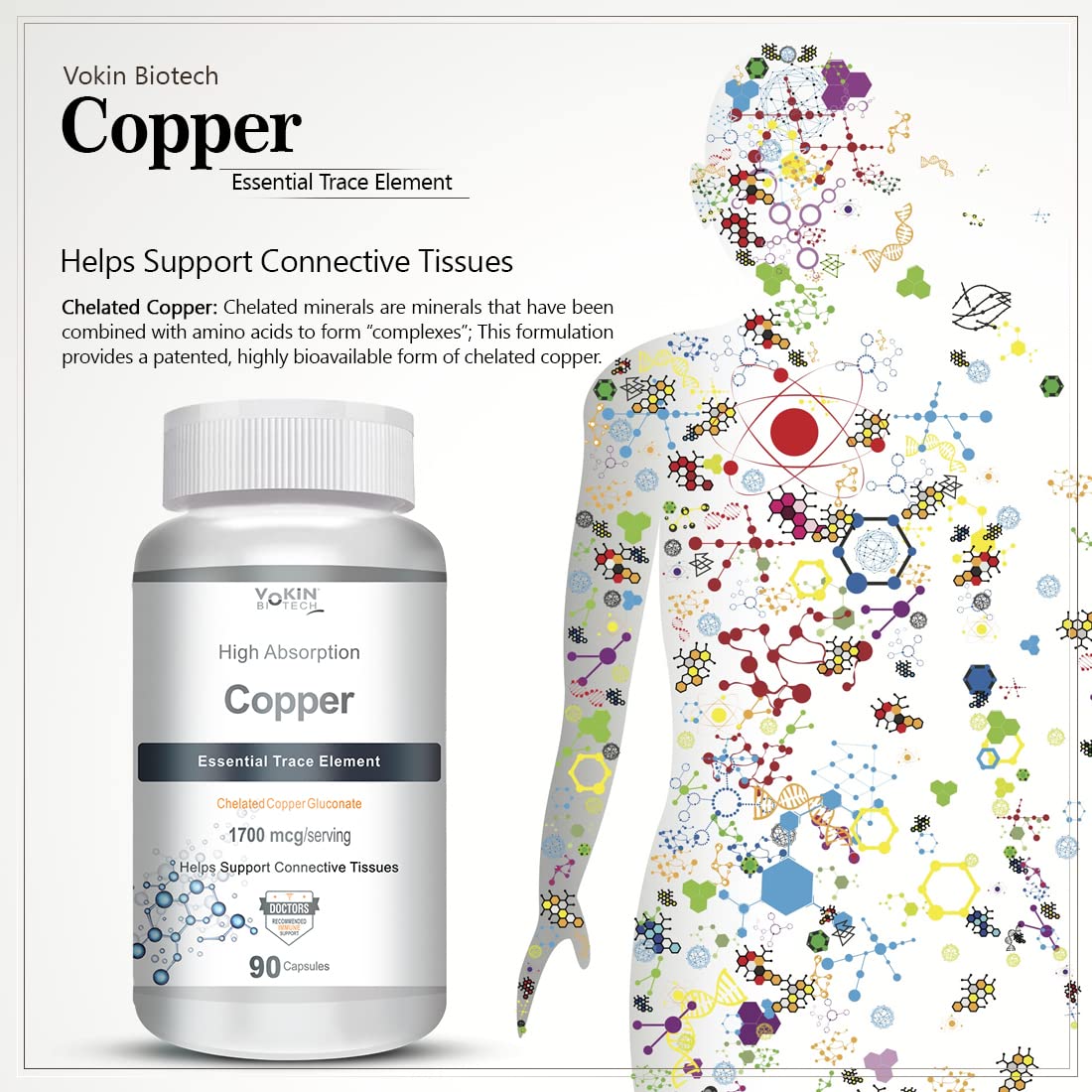 Vokin Biotech Chelated Copper Gluconate – Support Connective Tissues –1700mcg – 90 Capsules