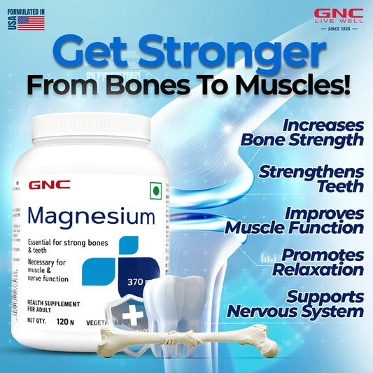 GNC Magnesium 370mg | 120 Capsules | Strengthens Bones & Teeth | Promotes Calcium Absorption | Relieves Stress Symptoms | Supports Cell Functions | Formulated in USA | 370mg Per Serving
