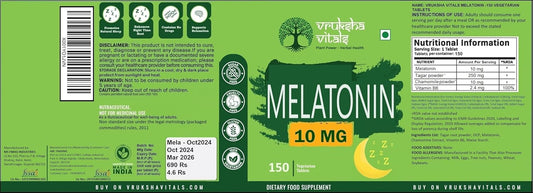 Vruksha Vitals Melatonin 10 mg Tablets for Sleeping Support with Tagar Root Extract, Chamomile Extract and Vitamin B6-150 tablets/capsules pills