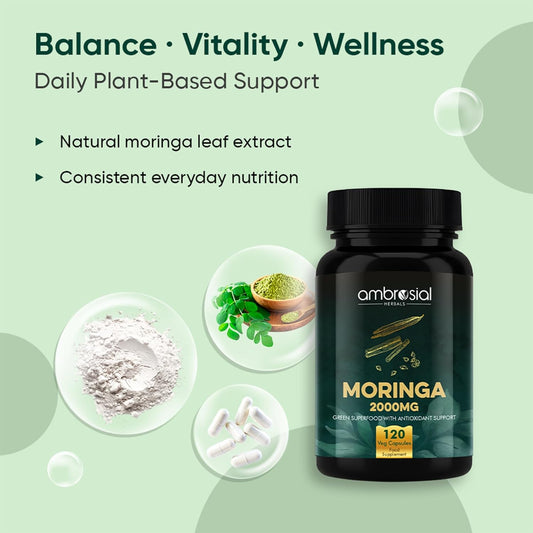 Ambrosial Moringa Capsules 2000mg | Moringa Leaf Extract | Plant-Based Herbal Supplement | Natural Wellness Support | 120 Vegan Capsules