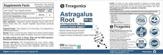 Trexgenics ASTRAGALUS 10% Polysaccharides 500 mg Immunity VEGAN & NON-GMO (60 Veg. Capsules) (Pack of 1)