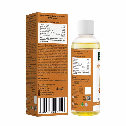 INDUS VALLEY Bio Organic Cold Pressed Almond Oil for Soft & Shiny Hair, Glowing Skin, Hair Damage Protection, Pure Roghan Badam Oil (Tail) for Baby Massage - 100ml