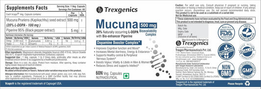 Trexgenics MUCUNA (20% L-Dopa) Pruriens (Kapikachhu) 500mg with Bio-enhancer Piperine 5mg Dopamine Booster Complex, Brain function, Nervous System (60 Vcaps) (1)