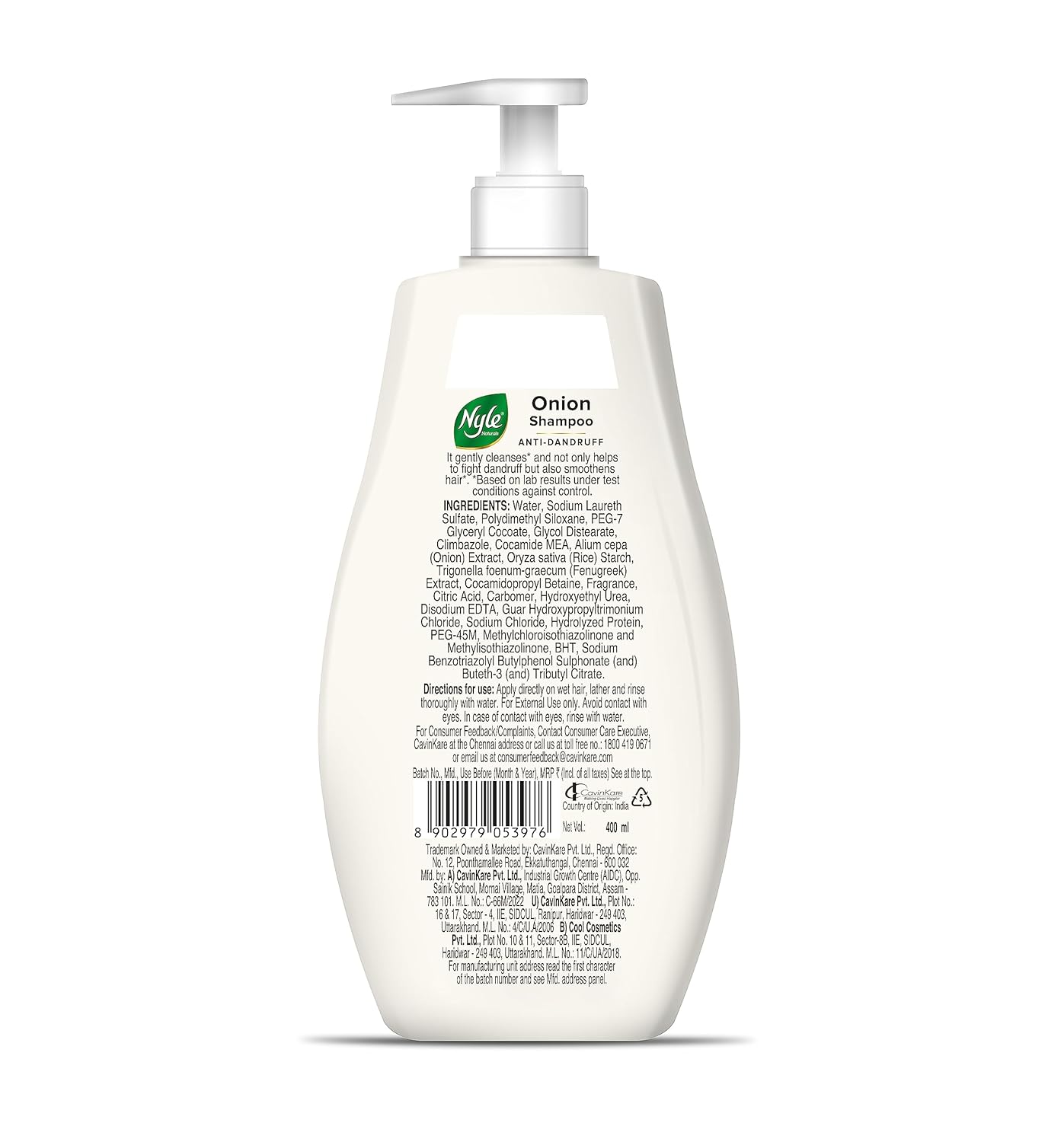 Nyle Naturals Anti Dandruff Onion Shampoo|For Dandruff Free Hair |Enriched With Onion & Fenugreek |Gentle & Soft Shampoo For Men & Women, 400ml