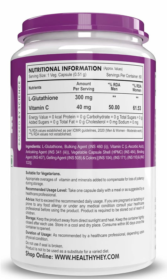 HealthyHey Nutrition Glutathione - Support Skin Health - 100% Vegetarian Source - 300mg - 60 Veg Capsules